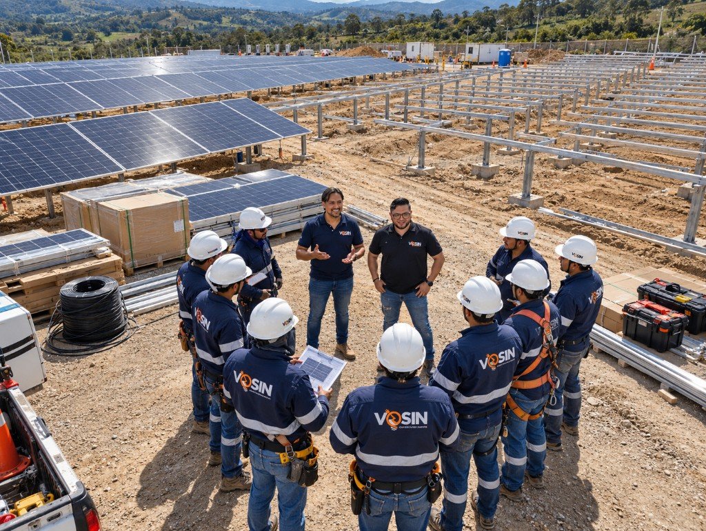 La gerencia de VOSIN S.A.S coordinando con los técnicos en un campo solar