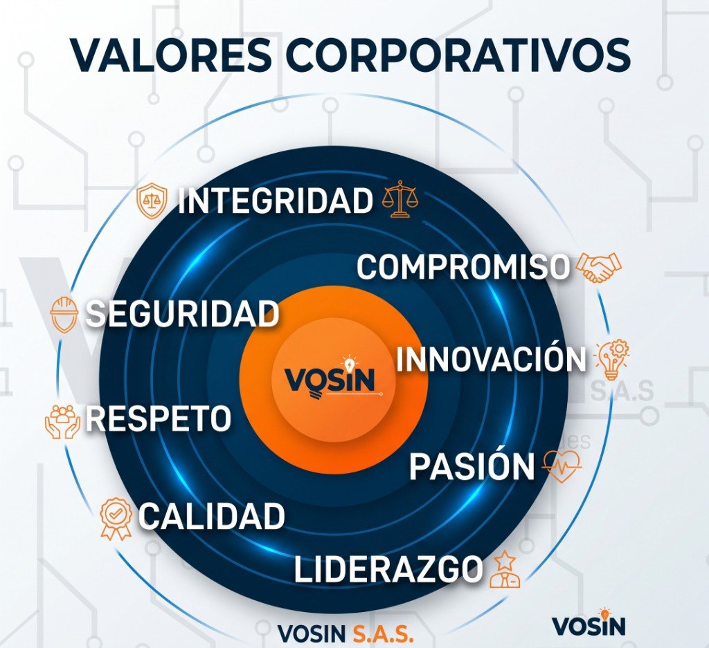Valores corporativos de VOSIN S.A.S: integridad, compromiso, innovación, pasión, liderazgo, calidad, respeto y seguridad